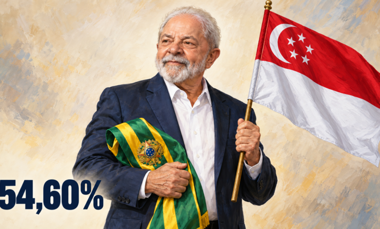 Composição editorial gerada por IA de Lula segurando a faixa presidencial brasileira e a bandeira de Singapura, com 54,60%.