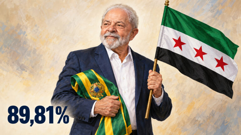 Ilustração editorial gerada por IA de Lula segurando a faixa presidencial brasileira e a bandeira da Síria, com 89,81%.