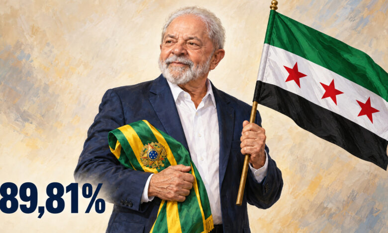 Ilustração editorial gerada por IA de Lula segurando a faixa presidencial brasileira e a bandeira da Síria, com 89,81%.