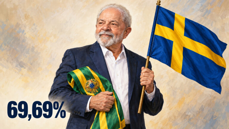Ilustração editorial gerada por IA de Lula com a faixa presidencial e a bandeira da Suécia; 69,69% dos votos válidos.
