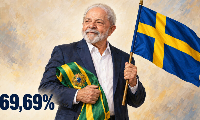 Ilustração editorial gerada por IA de Lula com a faixa presidencial e a bandeira da Suécia; 69,69% dos votos válidos.