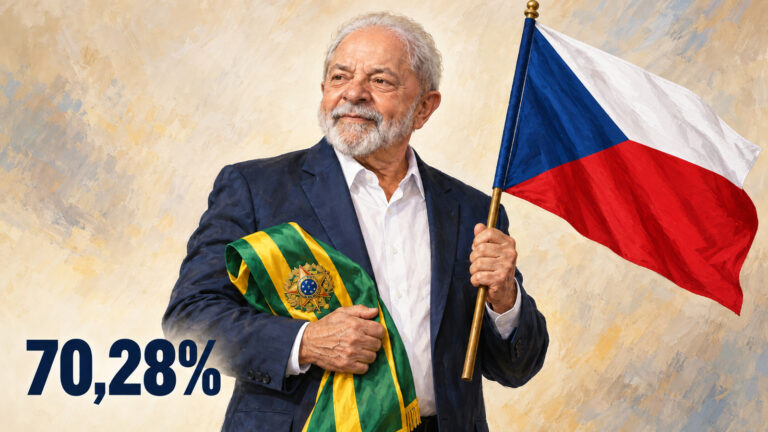 Ilustração editorial gerada por IA de Lula com a faixa presidencial e a bandeira da Tchéquia; 70,28% dos votos válidos.